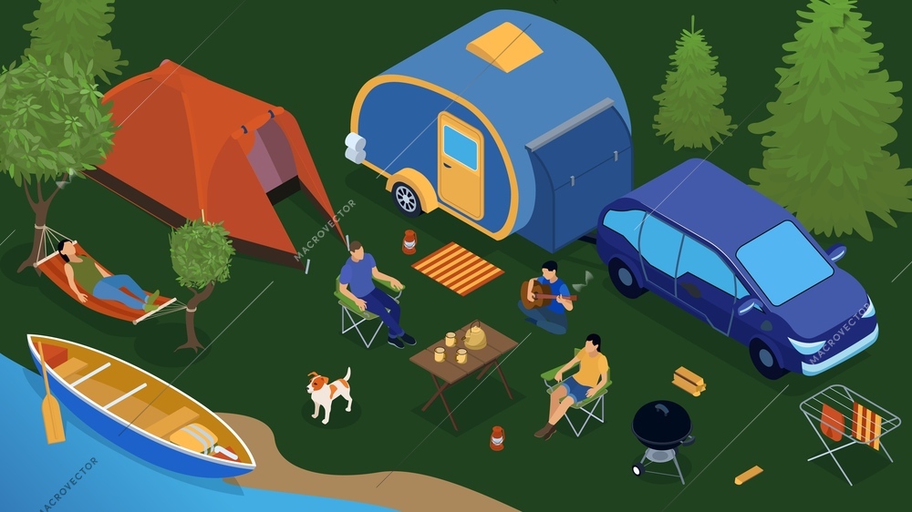 Colored isometric trailer park people composition with family relaxing by the river vector illustration