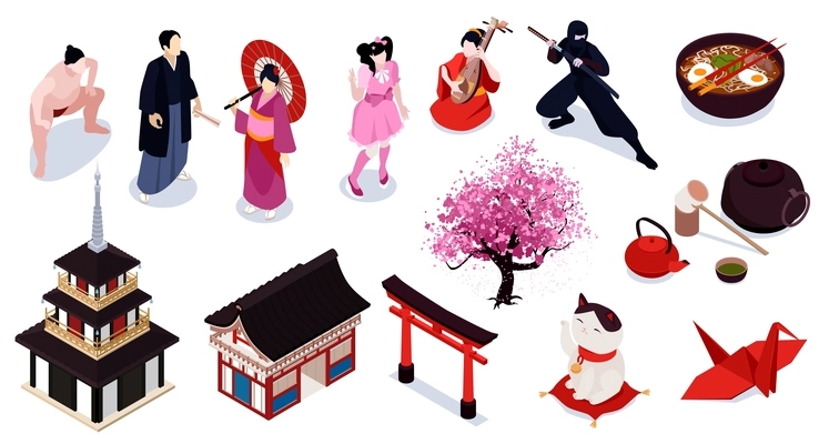 Isometric isolated japan icon set with traditional wear food style and architecture vector illustration