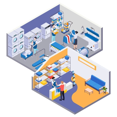 Laundry washing isometric composition with view of dry cleaning company office with technical area and workers vector illustration