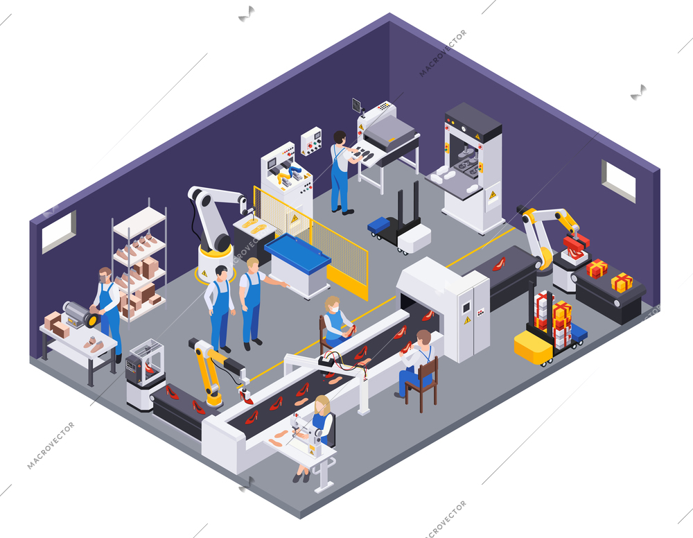 Footwear shoes production isometric composition with view of production department with conveyor facilities manipulator and workers vector illustration