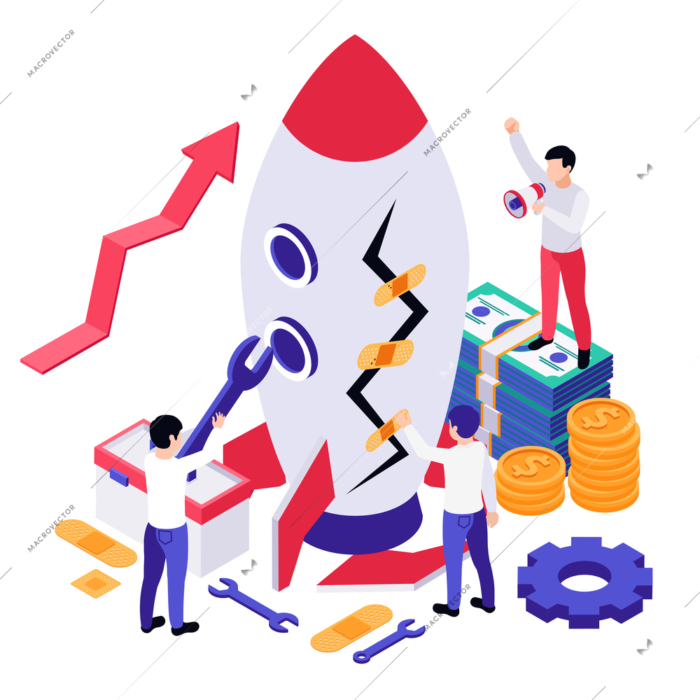 Economic business recovery isometric composition with image of rocket cash and gear icons workers with wrench vector illustration