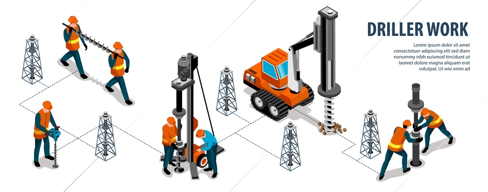 Driller engineer machinery equipment work isometric infographic flowchart with rig drilling borehole into ground vector illustration