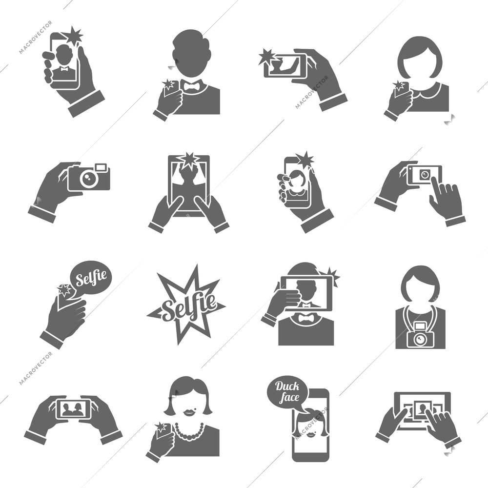 Selfie self portrait smartphone picture taking black icons set isolated vector illustration