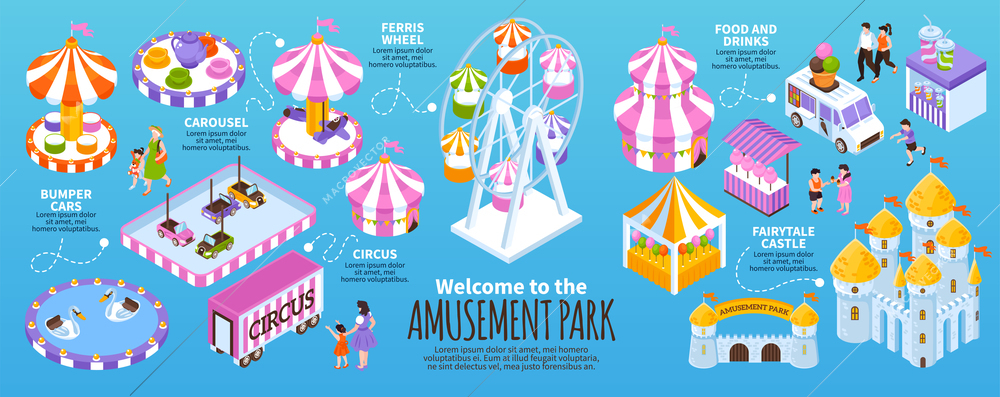 Isometric infographics with colorful attractions castle food stall circus in amusement park on blue background vector illustration