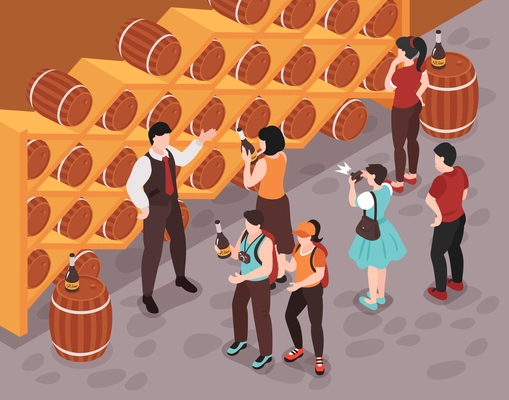 Sommelier showing different kinds of wine to customers in cellar 3d isometric vector illustration