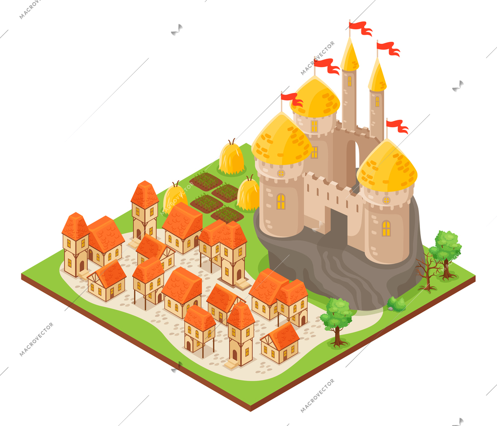 Isometric building of fantasy castle on rock city houses and field 3d vector illustration