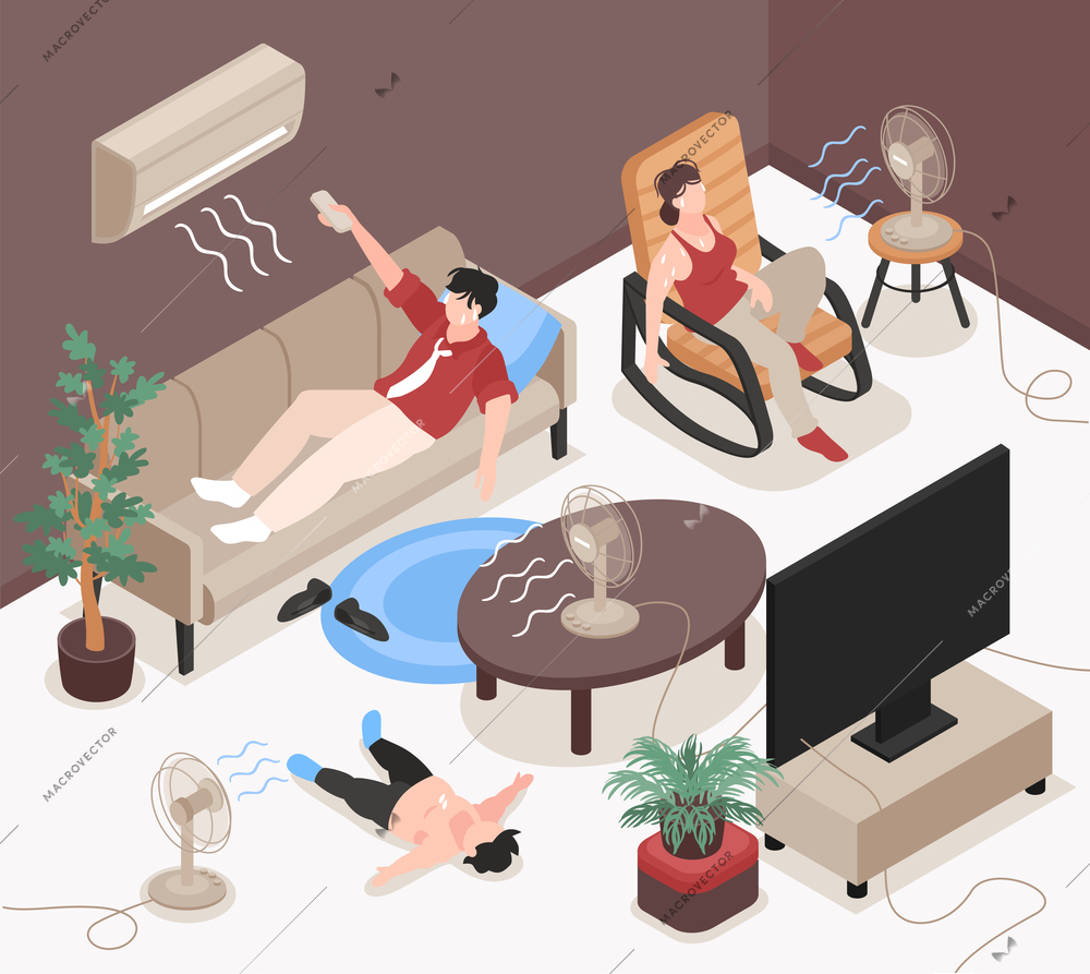 Overheated characters using air conditioner and electric fans at home isometric vector illustration