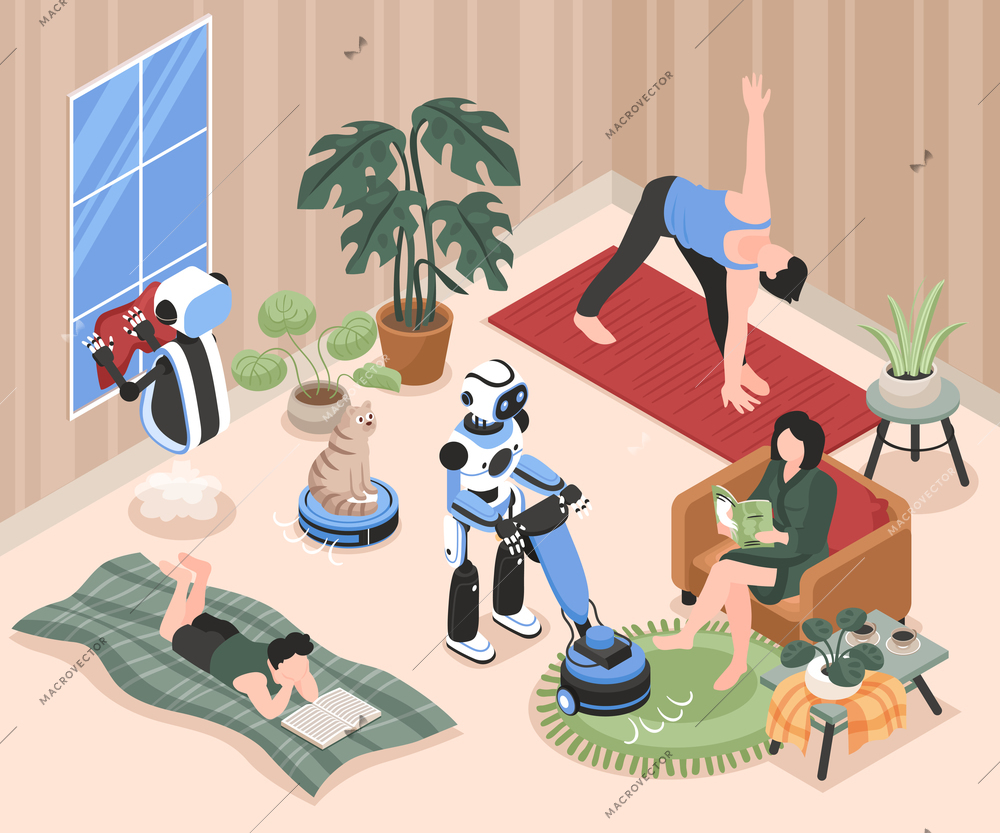 People resting in living room and robots cleaning windows hoovering carpet vacuum cleaning 3d isometric vector illustration