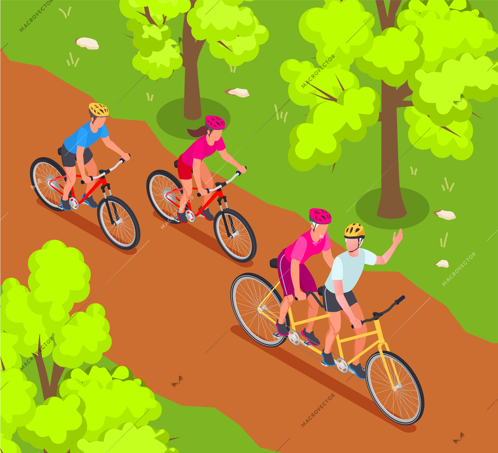 Grandparents and grandchildren isometric background with family cycling symbols vector illustration