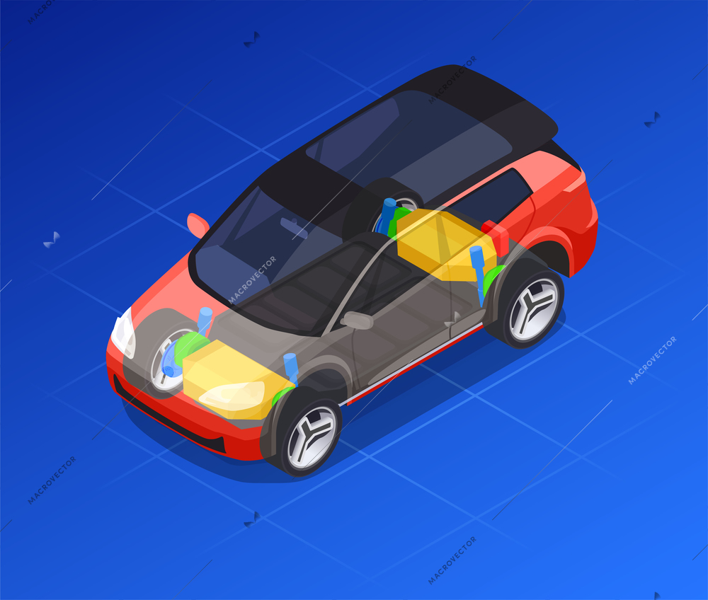 Car designer profession with drafting and modeling symbols isometric isolated vector illustration