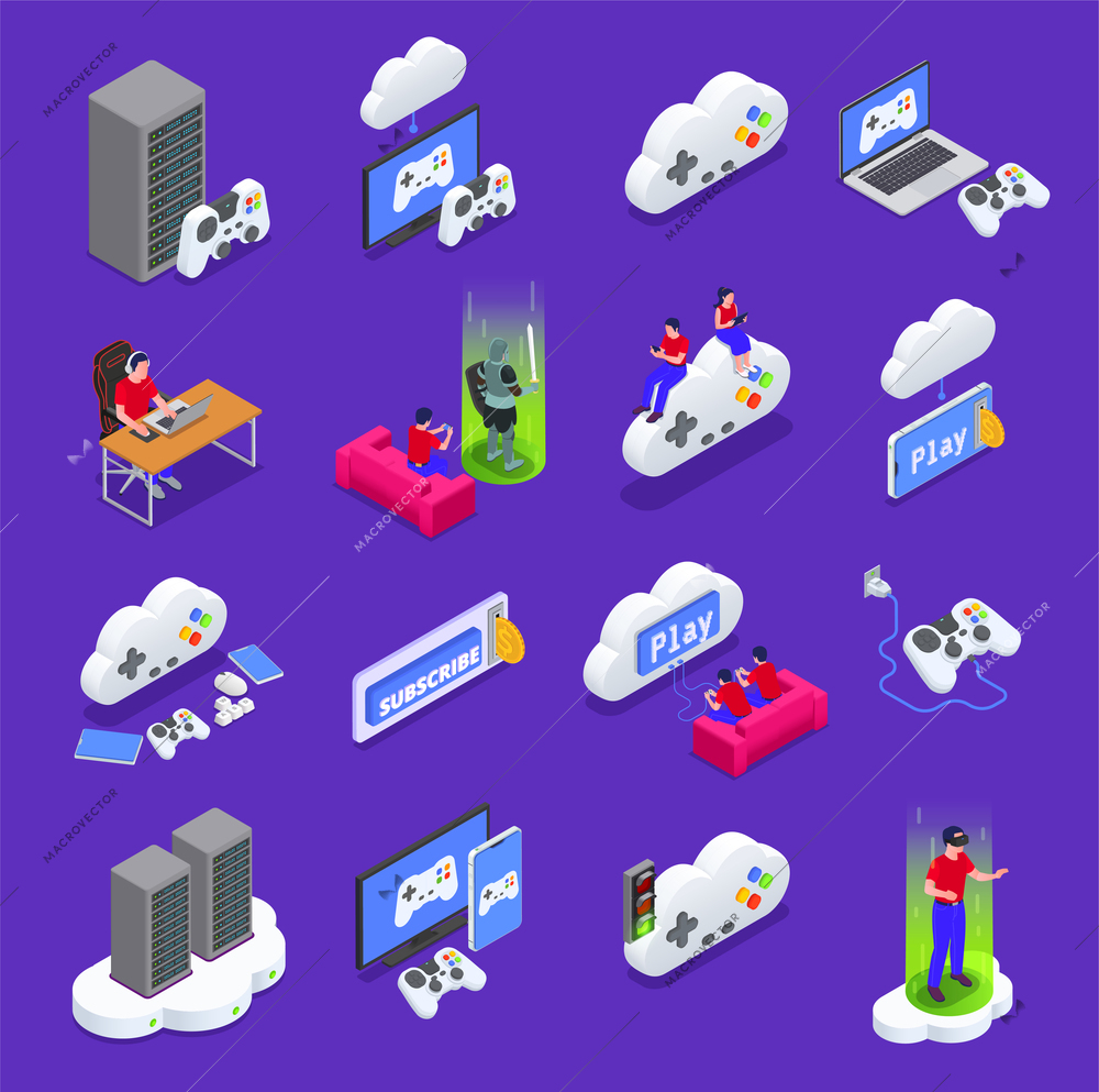 Cloud gaming isometric icons set with cyberspace symbols isolated vector illustration