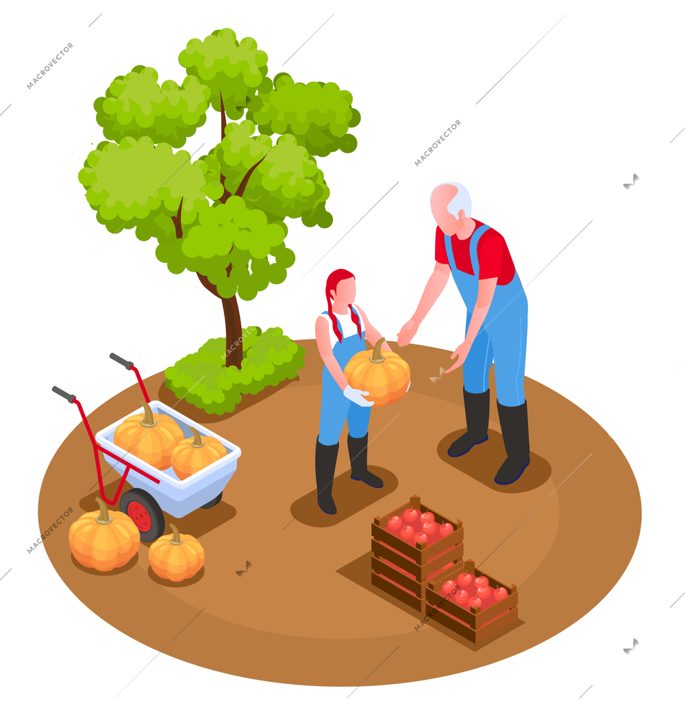 Grandparents and grandchildren isometric composition with gardening time symbols vector illustration