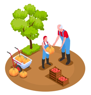 Grandparents and grandchildren isometric composition with gardening time symbols vector illustration