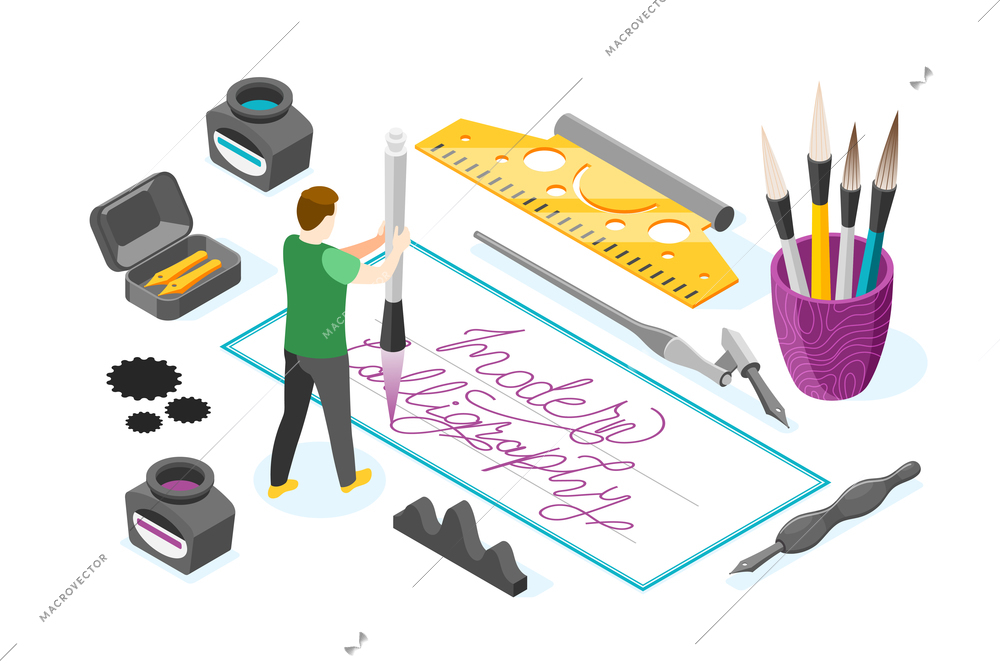 Hobby calligraphy isometric composition with male character holding ink pen surrounded by images of writing tools vector illustration