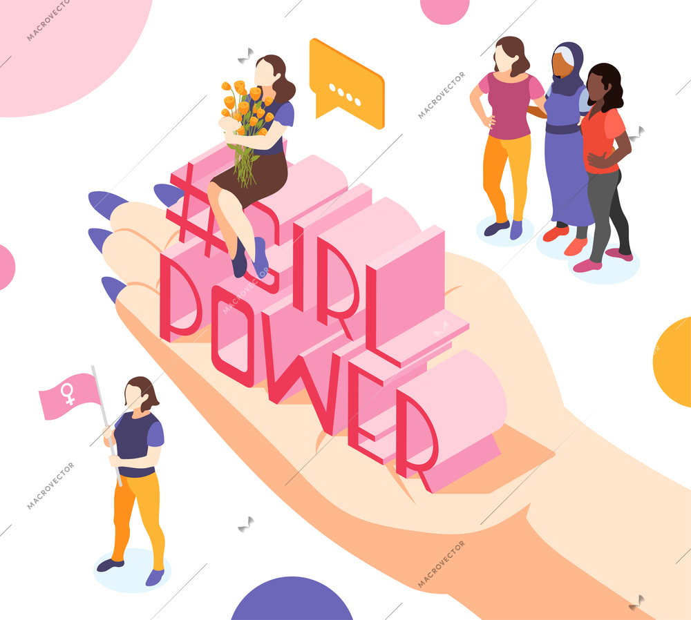 International womens day isometric composition with human hand holding 3d text girl power with female characters vector illustration