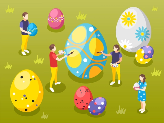 Easter isometric composition with view of grass lawn with human characters painting big eggs with brushes vector illustration