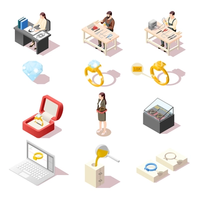 Jewelry production isometric set of isolated icons with diamond rings shop display and jewelers at work vector illustration