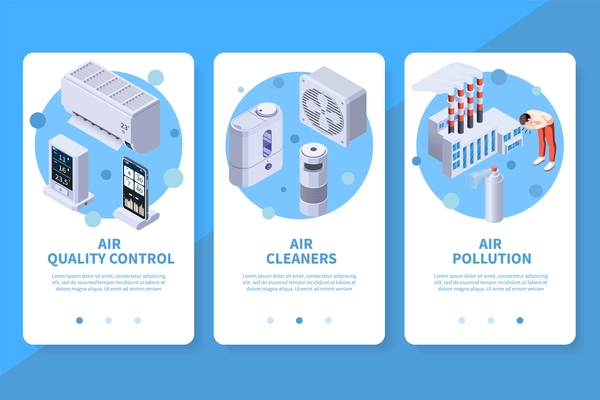 Air purification quality control app design set of three vertical banners with gadgets and cleaning appliances vector illustration