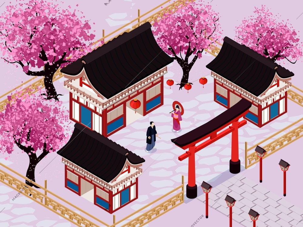 Isometric japan composition Traditional Japanese garden with sakura trees and traditional architecture vector illustration