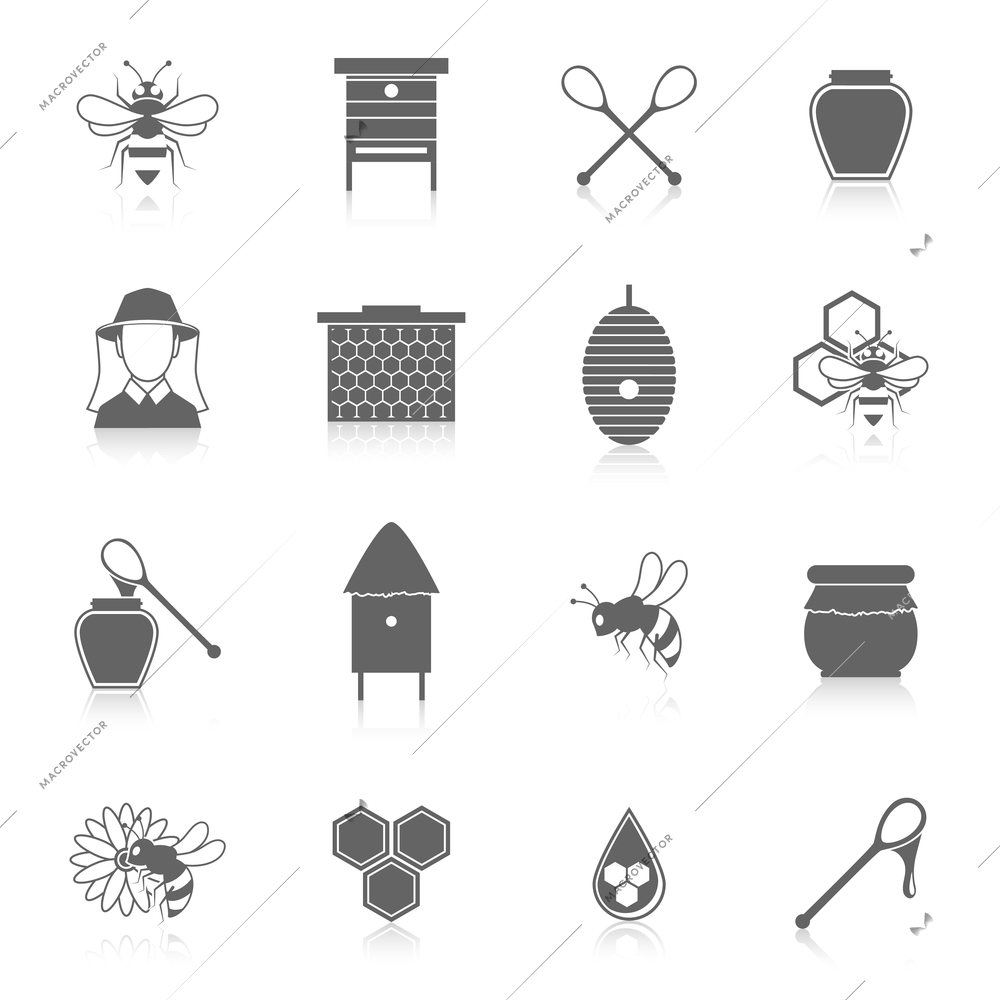 Natural sweet liquid bee honey icons black set isolated vector illustration