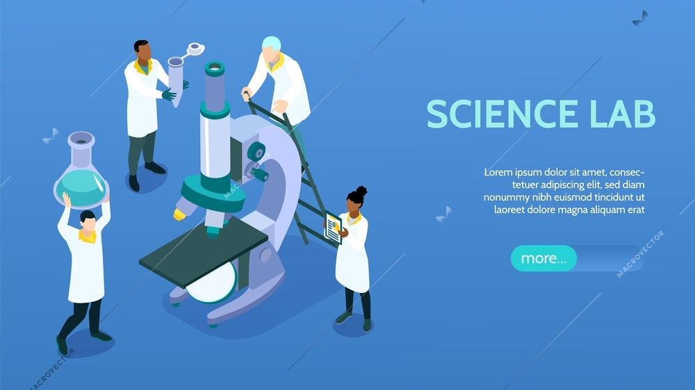 Isometric science laboratory horizontal banner with science lab headline and more button vector illustration