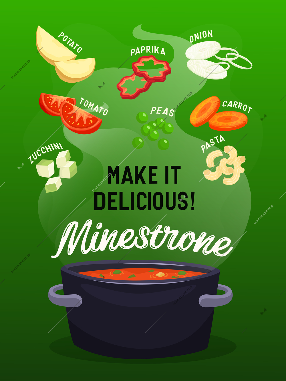 Whole sliced vegetables soup flat poster vector illustration