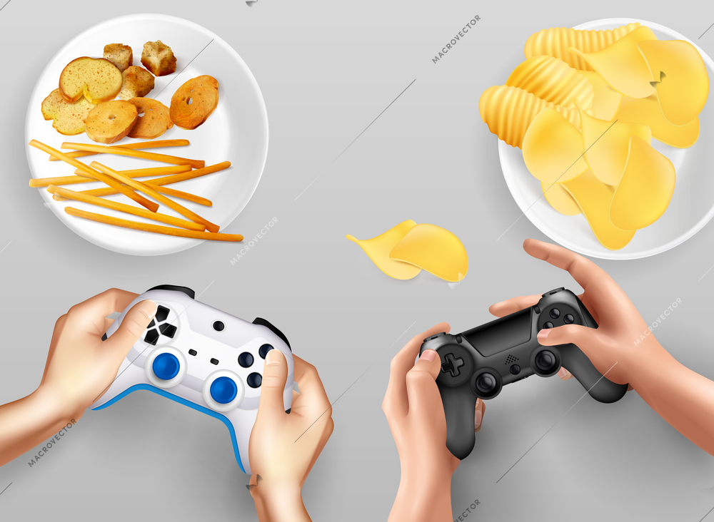 Video game realistic composition with two joysticks in people hands and plates with chips and cookies