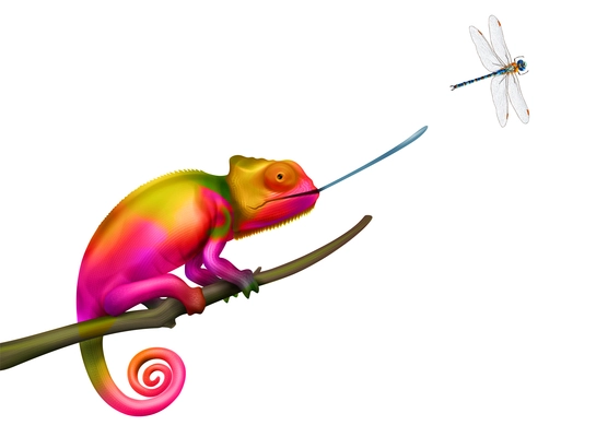 Chameleon hunting for flying dragonfly colorful realistic vector illustration on white background