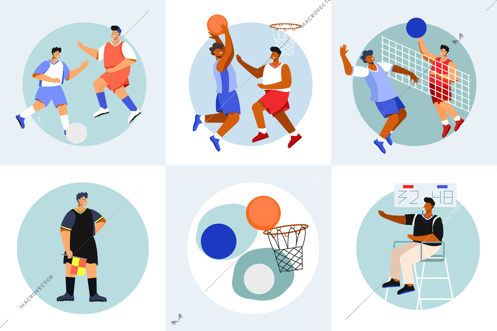 Sports stadium set of flat compositions with doodle style characters of athletes referees basket and balls vector illustration