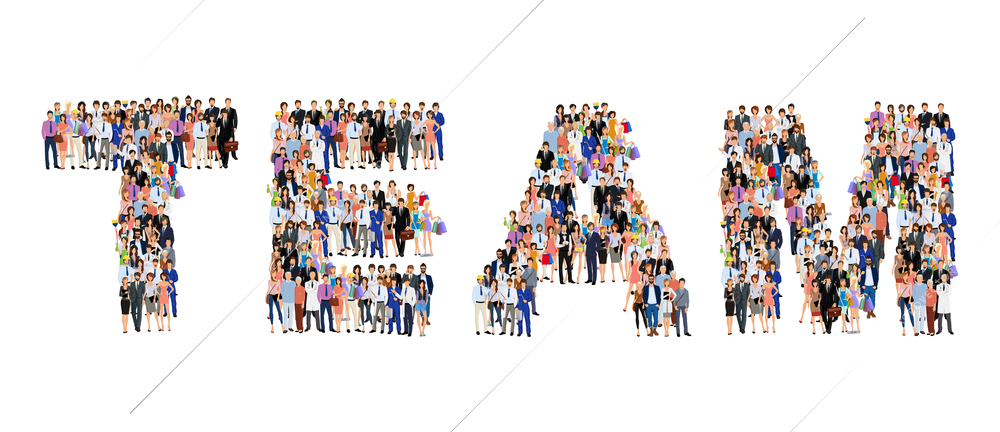 Group of people adult professionals in team lettering shape poster vector illustration