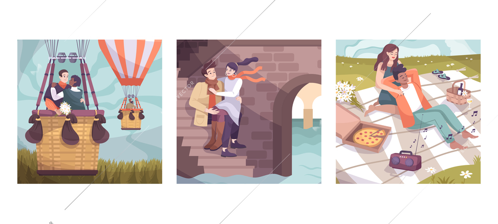 Three squares romantic couple flat icon set with balloon flight date on the stairs and romantic picnic vector illustration