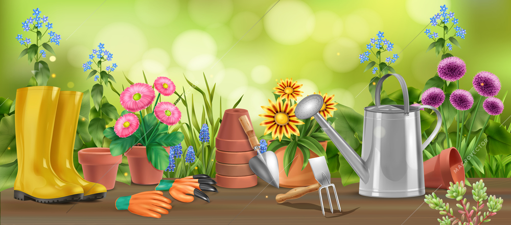 Realistic garden horizontal composition of wooden table with flowers in pots watering can boots and hoe vector illustration