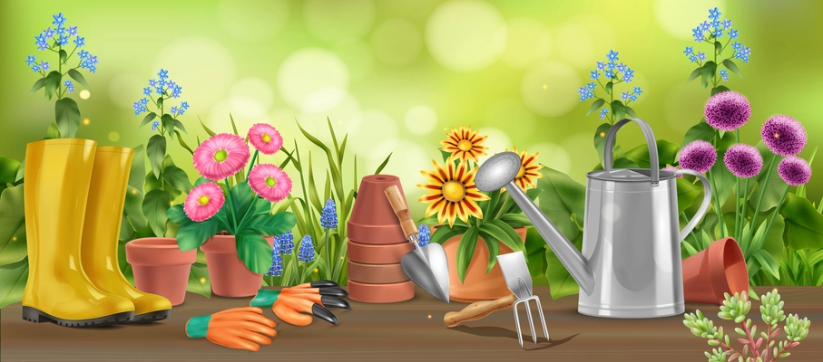 Realistic garden horizontal composition of wooden table with flowers in pots watering can boots and hoe vector illustration