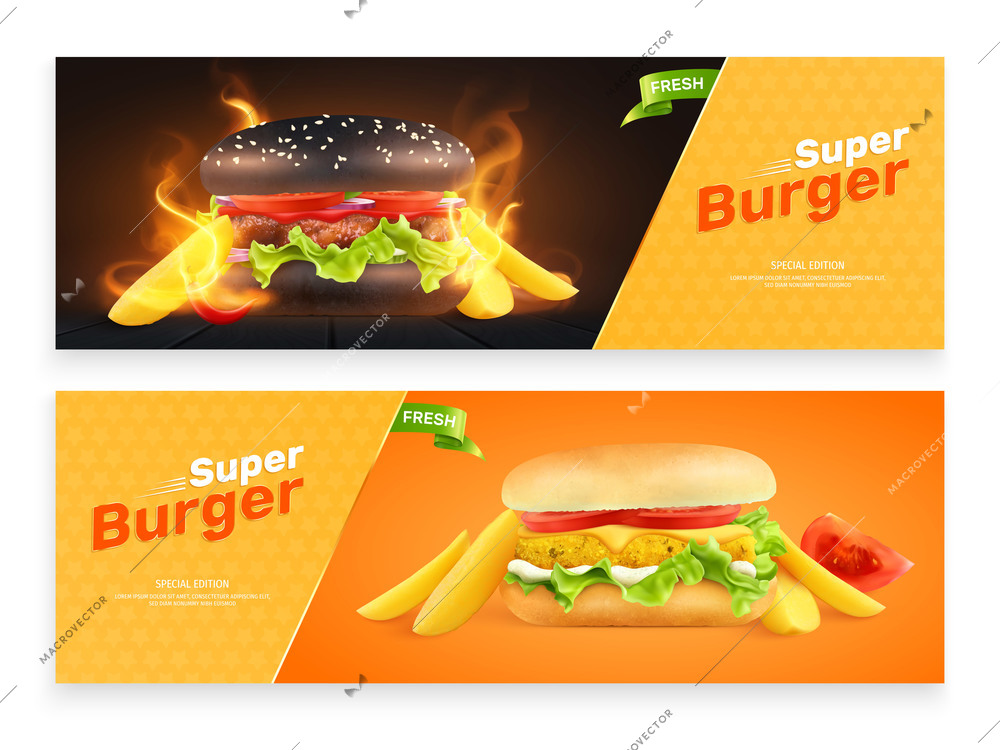 Burger fastfood set of two horizontal banners with realistic images of sandwiches with toppings and text vector illustration