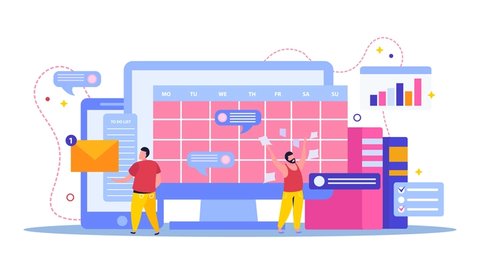 Planning and scheduling flat composition with desktop computer and messaging bubbles icons with people and calendar vector illustration