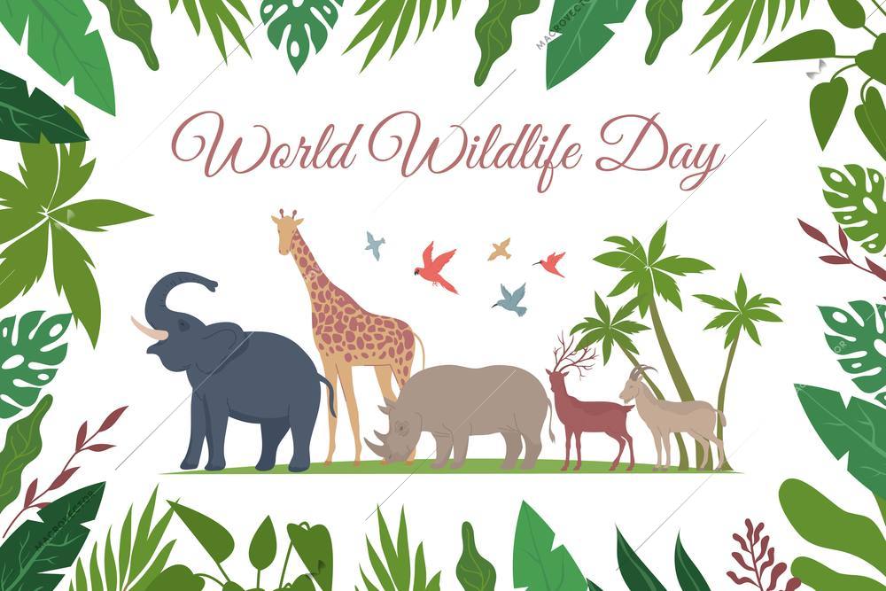 World wildlife day card flat composition with ornate text floral frame and exotic birds with animals vector illustration