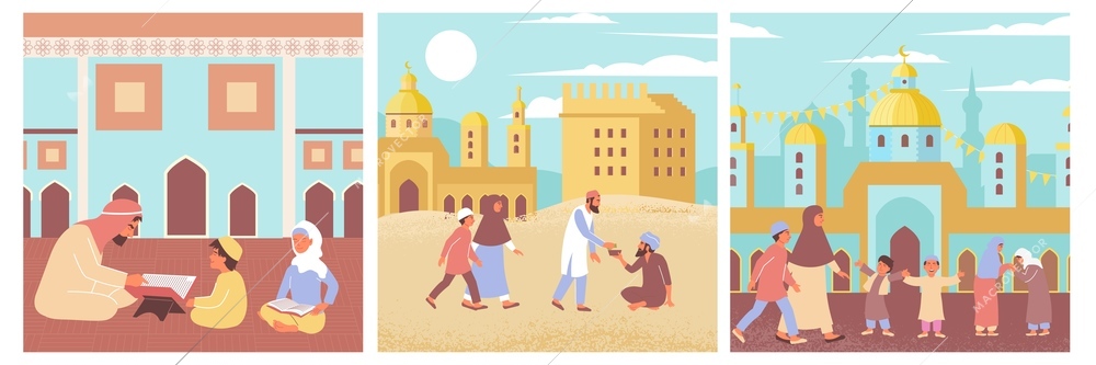 Ramadan flat design concept with square compositions of muslim kids and imam prayer leader with temples vector illustration