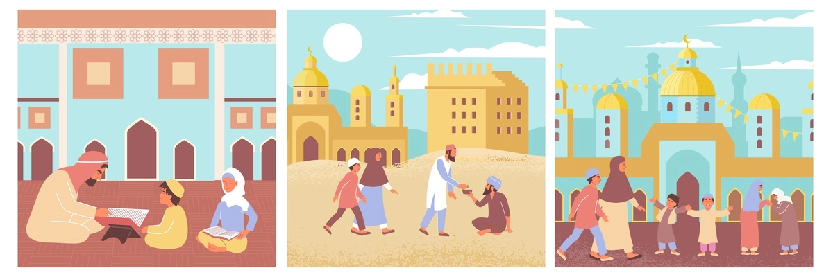 Ramadan flat design concept with square compositions of muslim kids and imam prayer leader with temples vector illustration