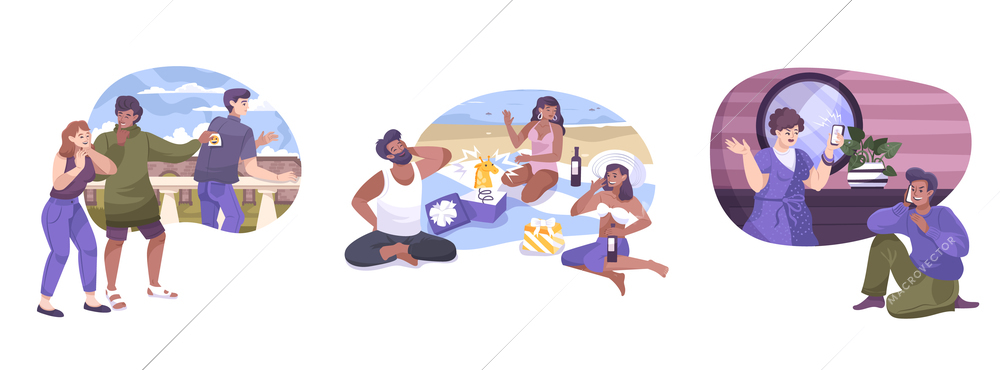 All fools set of three compositions with flat sceneries and characters of people putting someone on vector illustration