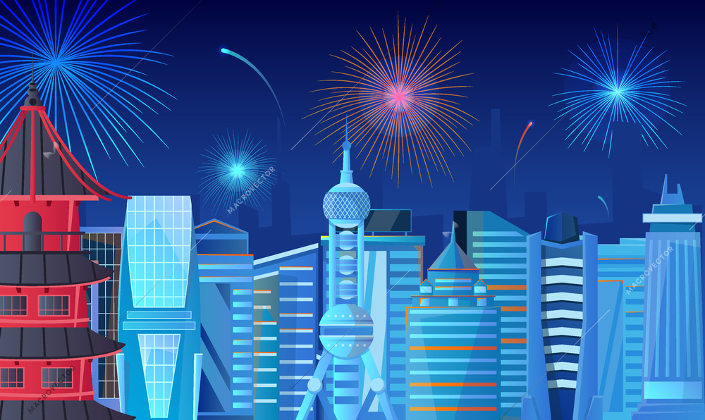 Colorful fireworks in night sky above city on chinese new year day flat vector illustration