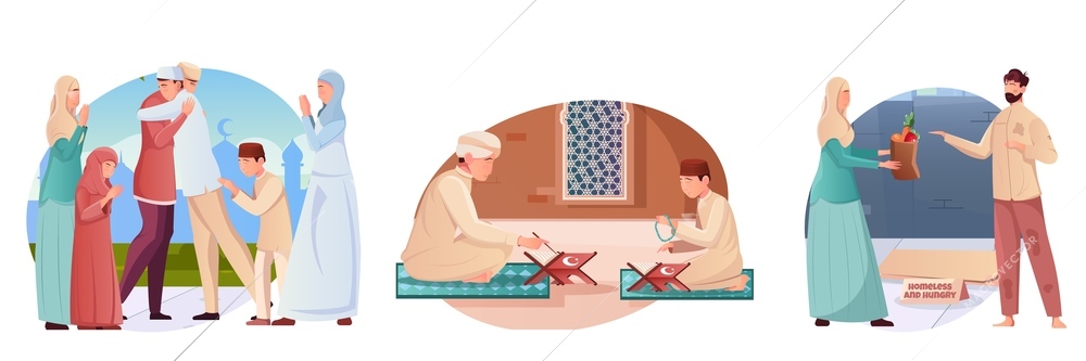Flat ramadan compositions with characters greeting reading quran and donating food isolated vector illustration