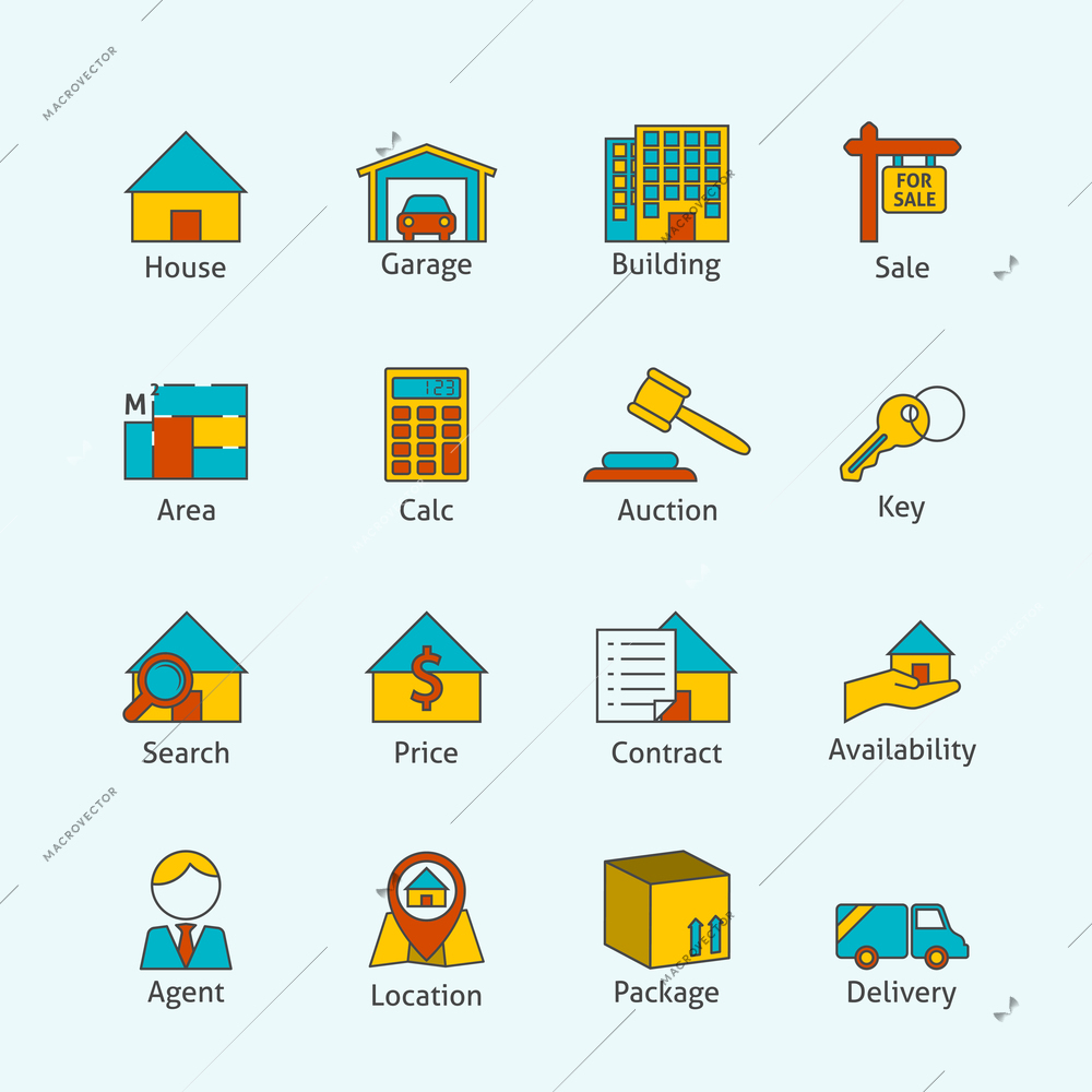 Real estate flat line icons set of house garage building isolated vector illustration