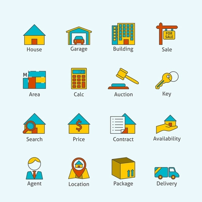 Real estate flat line icons set of house garage building isolated vector illustration