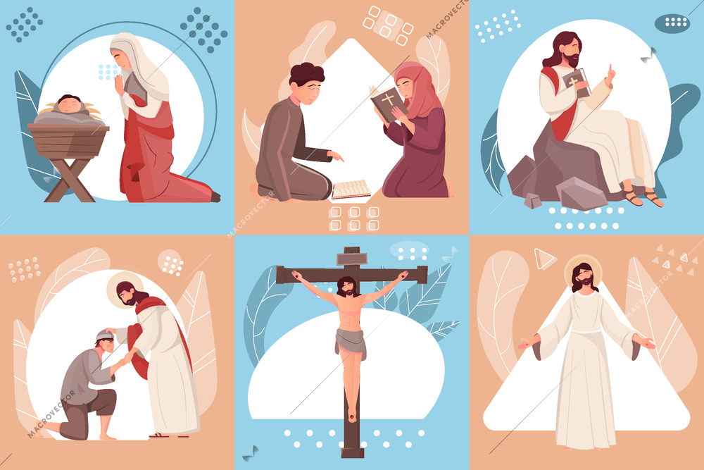 Jesus christ birth crucifixion resurrection and children reading bible flat compositions set isolated vector illustration