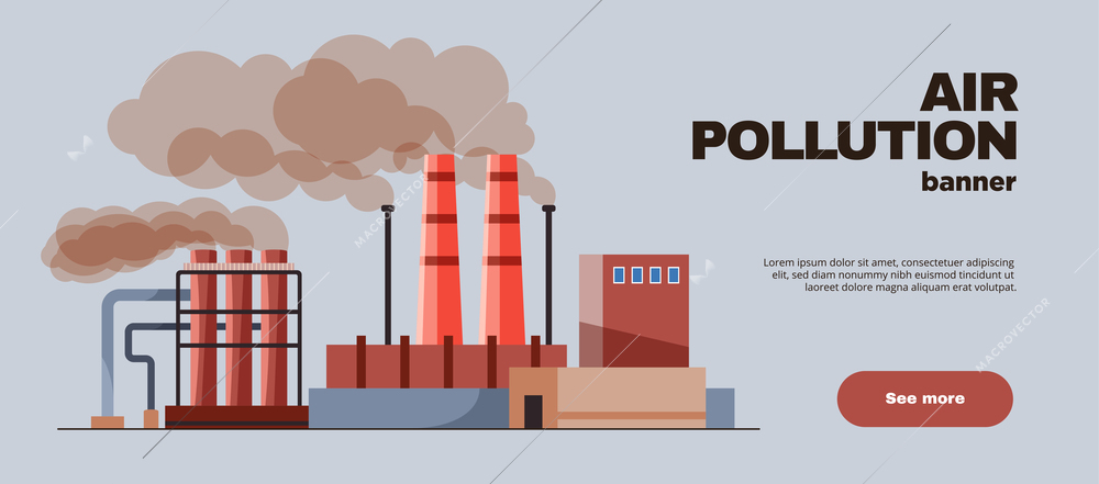 Air pollution flat horizontal banner with plant chimneys belching smoke vector illustration