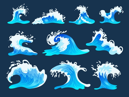 Flat set of sea or ocean waves isolated on dark blue background vector illustration