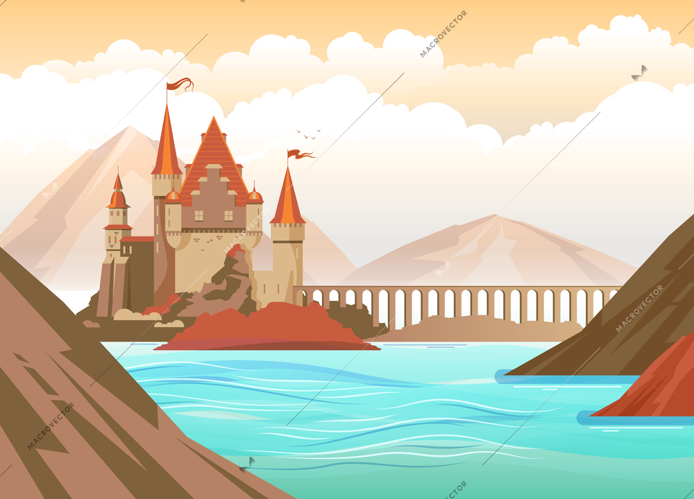 Flat landscape with medieval castle on rocks in sea vector illustration