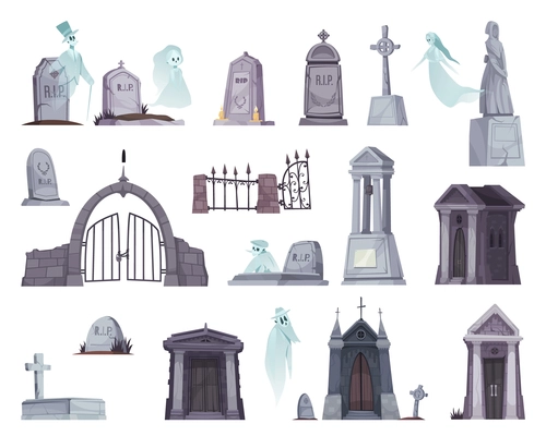 Set of cartoon cemetery grave fence cross crypt ghost isolated on white background vector illustration