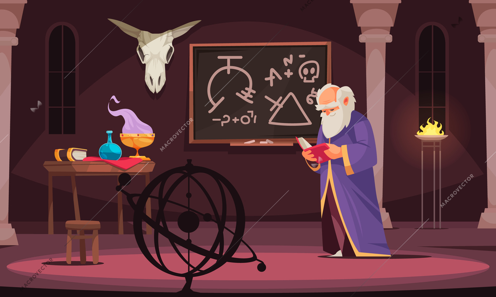 Old sorcerer reading alchemy book in room with board animal skull table with alchemic tools cartoon vector illustration