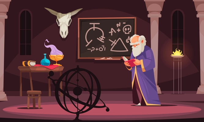Old sorcerer reading alchemy book in room with board animal skull table with alchemic tools cartoon vector illustration
